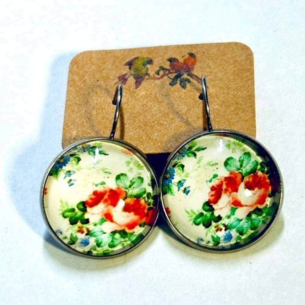 Spring Floral Print 20mm Lever Back Stainless Steel Earrings, NWT